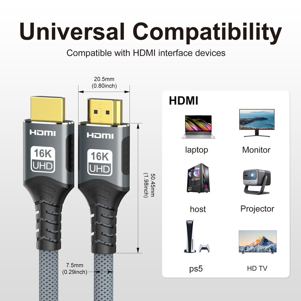 16K HDMI 2.2 Cable 96Gbps 8K@120Hz 4K@240Hz 2K@360Hz Supports HDMI 2.1  eARC HDR10+ for PS5/PS6 Laptop Gaming/Home Theater