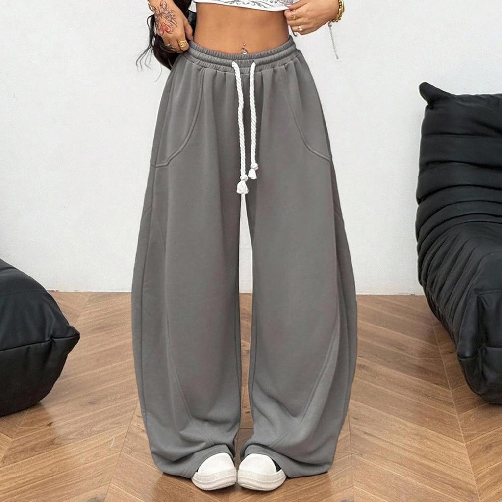 Women's Fashionable Loose Solid Color Elastic Waist Pocket Straight Leg Casual Pants