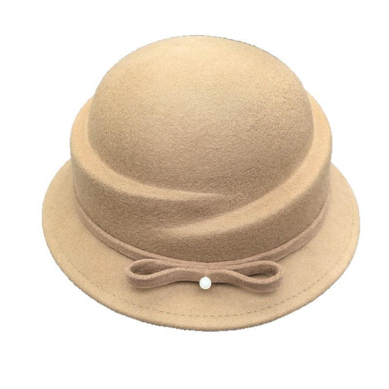 French fragrant Hepburn style wool hat bow curled top hat women's autumn and winter square face basin hat winter British top hat