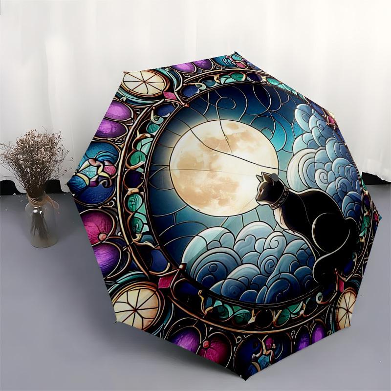 1 Stück Buntglas Katze Mond Wolken Design Automatischer Faltregenschirm - Tragbares 3-fach Design mit 8-Speichen Eisenrahmen, Outdoor für Fans, Reisende, Täglich