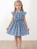 Little Girl Summer Outfit 1-8Y Baby Blue Daisy Print Dress Cottagecore Style Square Neck Smocked Waist Kids Clothes Summer Daily Wear