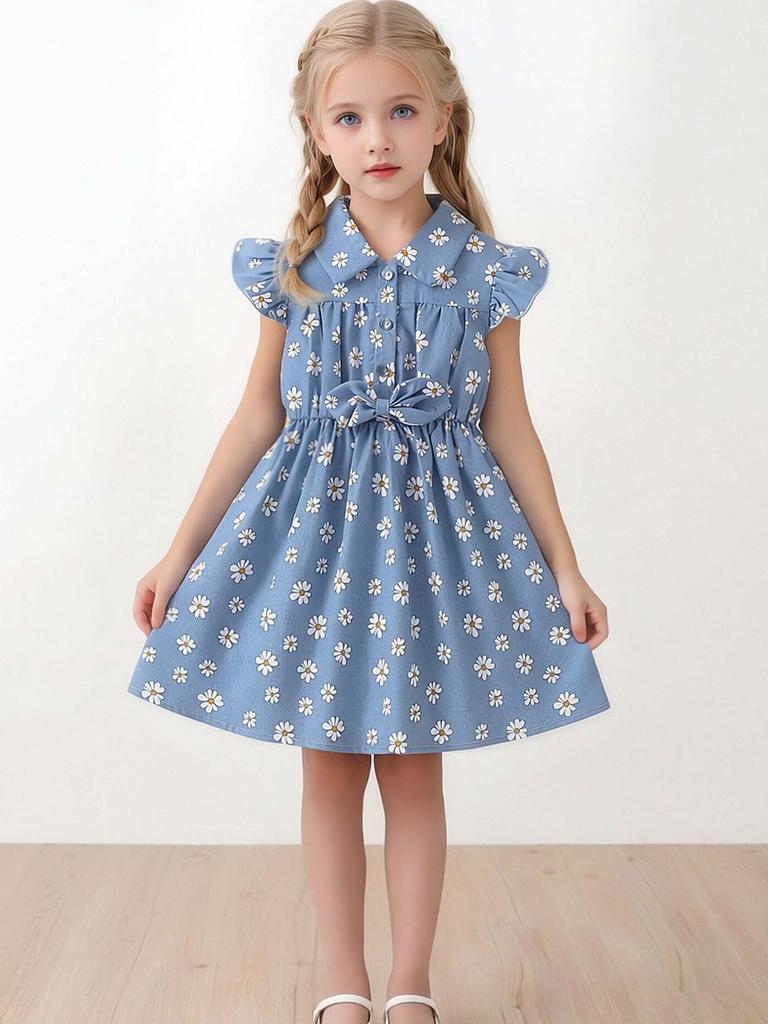 Little Girl Summer Outfit 1-8Y Baby Blue Daisy Print Dress Cottagecore Style Square Neck Smocked Waist Kids Clothes Summer Daily Wear