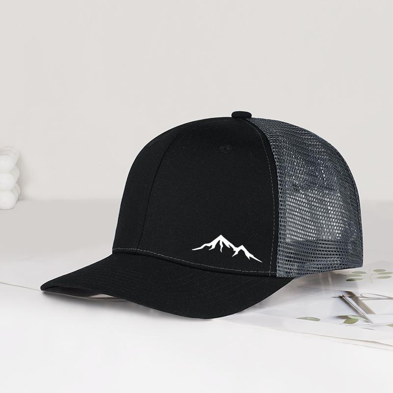 Minimalist Mountain Print Trucker Cap – Adjustable Unisex Camping and Travel Mesh Sun Hat for Hiking and Trekking