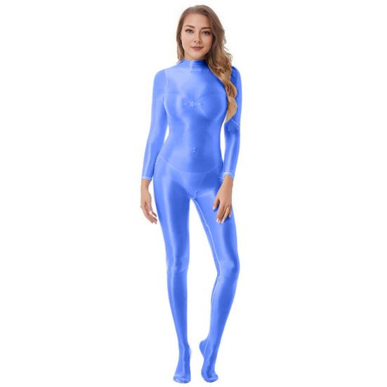 Lady Glossy Bodystocking Stretchy Sexy Full Bodysuit Long Sleeve Jumpsuit with Zipper Shiny Smooth Leotard Catsuit for Dance Practice Club Pole Dance