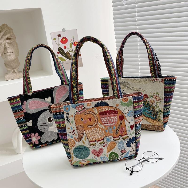 Middle mother handbag women's canvas bag new double-sided embroidered portable small square bag women's bag