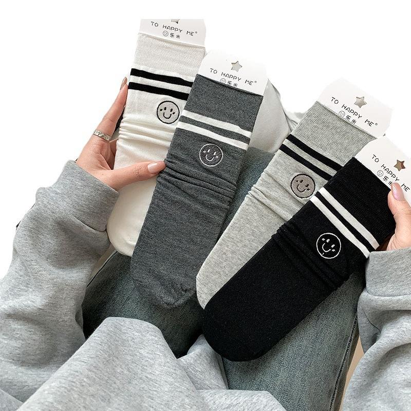 Socks Women'S Stacking Socks Bow Embroidered Women'S Socks Japanese Versatile Anti-Pilling Boneless Solid Color Simple Medium Tube Socks