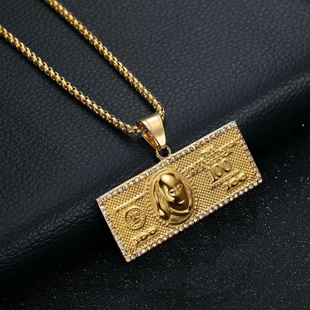 Hip Hop Iced Out Bling $100 Dollar Pendant Male Gold Color Stainless Steel Money Necklace For Men Hippie Jewelry Gift