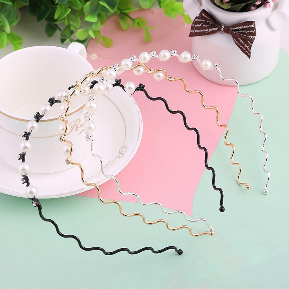 Jewelry Hair Band Bling Headband Black Silver Metal Pearl Crystal Wave Hairband for Women Headwear