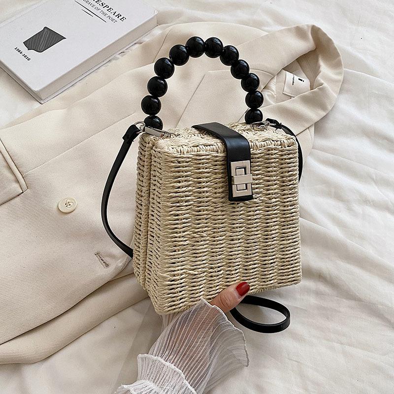 Summer Rattan Small Square Bag Casual Style Beach Bag Handbag Woven Handmade Top-handle Bag Shopping Portable Purse Totes