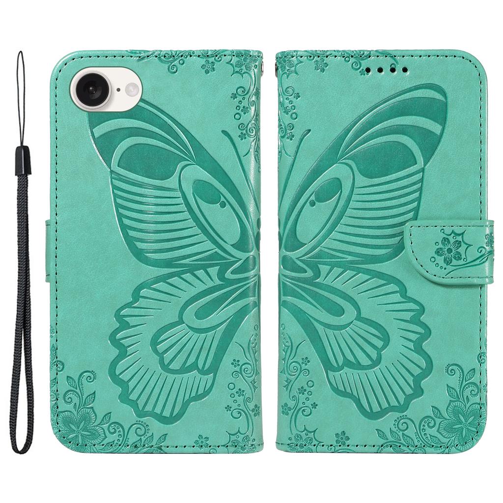 For iPhone 16e Case with Hand Strap Butterfly PU Leather Wallet Phone Cover