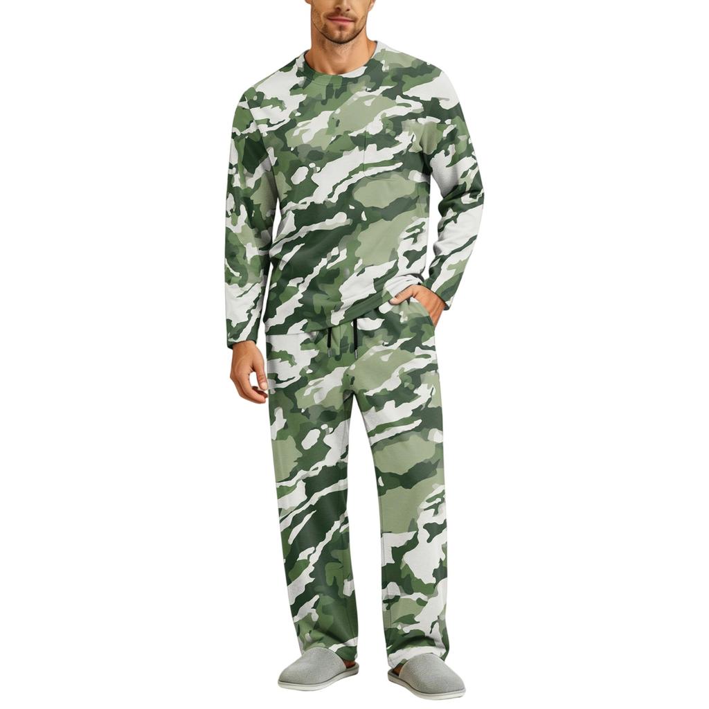 Men's Long Sleeve Pajama Set with Button Crotch and Elastic Drawstring Waist Pants for Home Loungewear