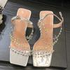 Mode Rosa Ankelsko Konstiga Höga Klackar Fest Bröllop Strass Sandaler För Kvinnor Fyrkantig Tå Pvc Genomskinliga Skor
