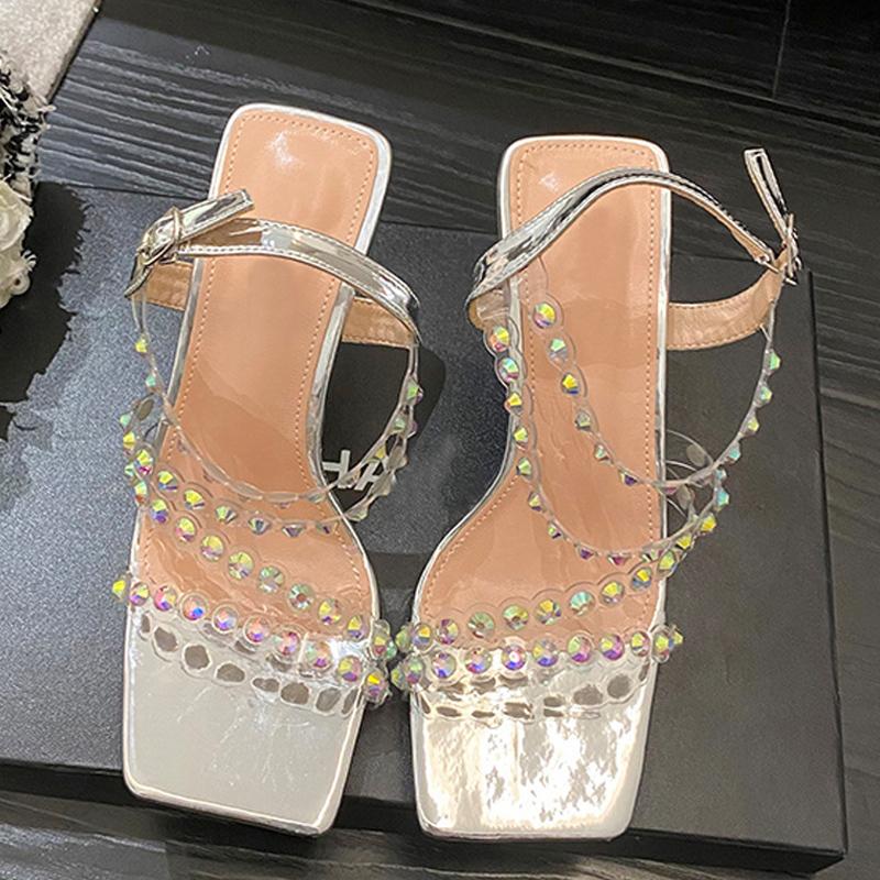 Mode Rosa Ankelsko Konstiga Höga Klackar Fest Bröllop Strass Sandaler För Kvinnor Fyrkantig Tå Pvc Genomskinliga Skor