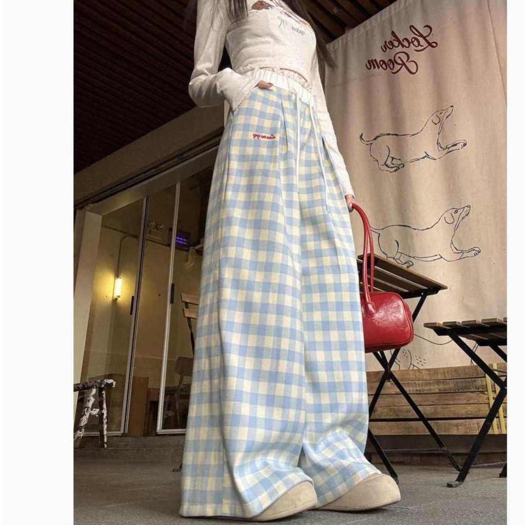 Dopamine Blue Women's High Waist Plaid Wide-Leg Trousers - Spring/Summer