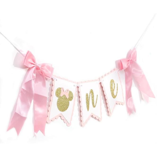 Mouse One High Chair Banner - Mouse First/1st Birthday Decorations,Pink And Gold Banner, Bow Girl 1st Pink Decor (mouse-1)