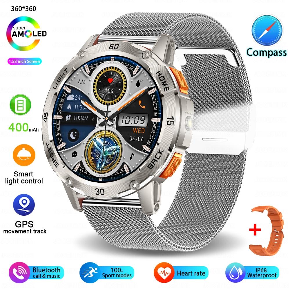 New Outdoor Military Smart Watch Men 1.53" AMOLED Screen IP68 Waterproof Compass Bluetooth Call Sports Bracelet