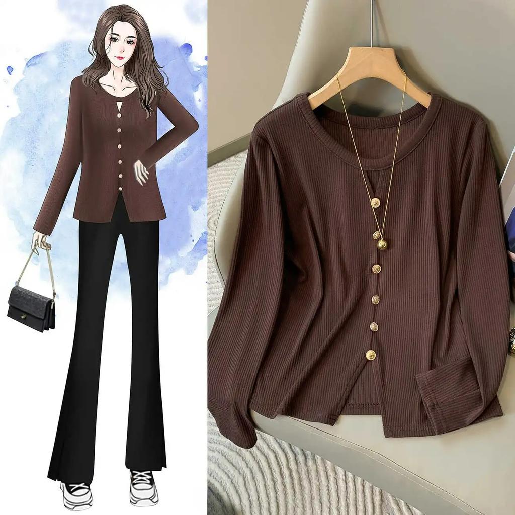 Plus Size Women's Small Fragrance Hollow Long-sleeved T-shirt Autumn Covering Meat and Slimming Top with Bottoming Shirt