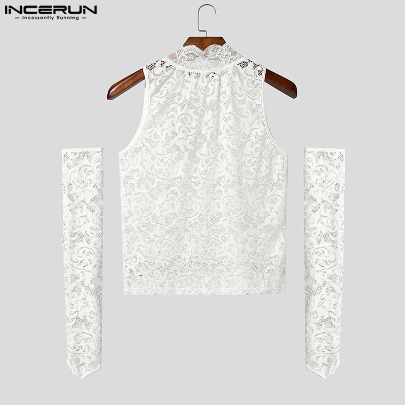 INCERUN Men V Neck Oversleeve Lace See Through Party Club Cropped Tank Tops