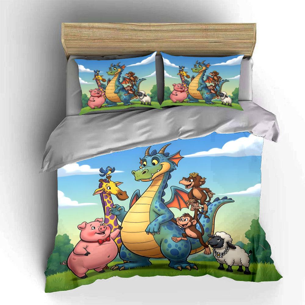 Dragon and Farm Animal Friends Bedding Duvet Cover Set (1*Duvet Cover 2*Pillowcases, without duvet insert)