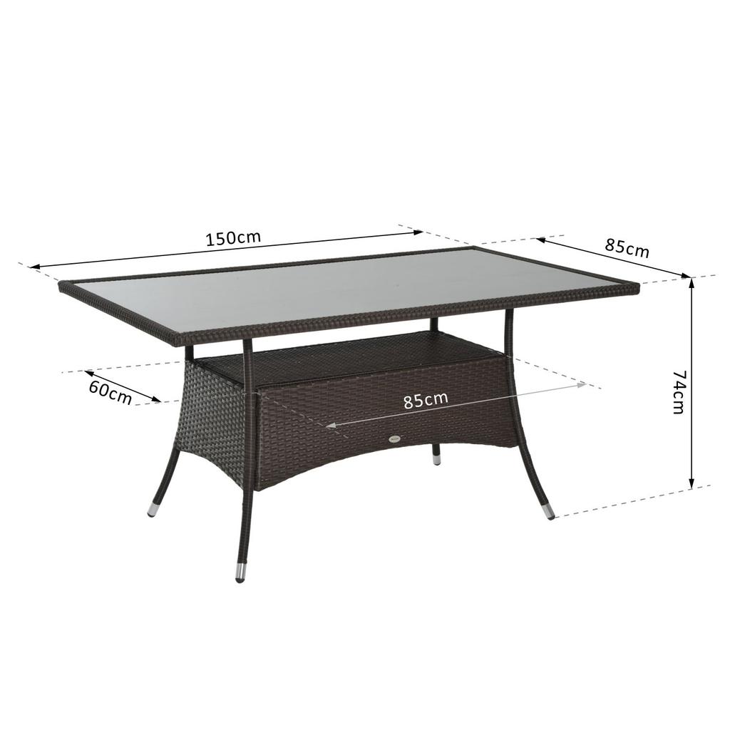 Garden Table Glass Table Dining Table Garden Furniture Table, Poly Rattan+Safety Glass, Brown+Black, 150x85x74cm