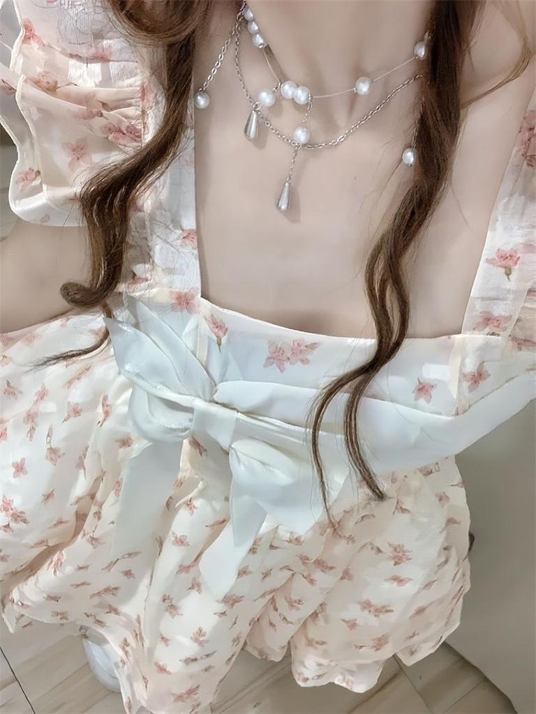 Small sweet little flying sleeves floral sleeveless dress women's summer bow waist fugitive princess tutu dress