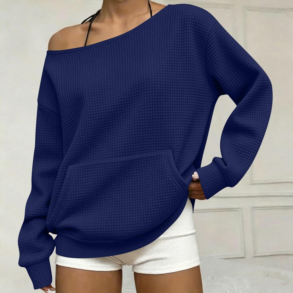 Felpa da Donna a Spalle Scoperte in Maglia a Manica Lunga con Tasche - Vestibilità Larga Colore Casual