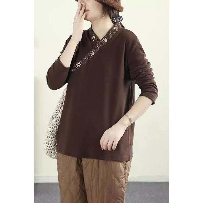 

Осень и Зима Новый Китайский Стиль V-образный вырез Китайский Стиль Ретро Вышитая Рубашка с Длинным Рукавом Футболка Топ L коричневый