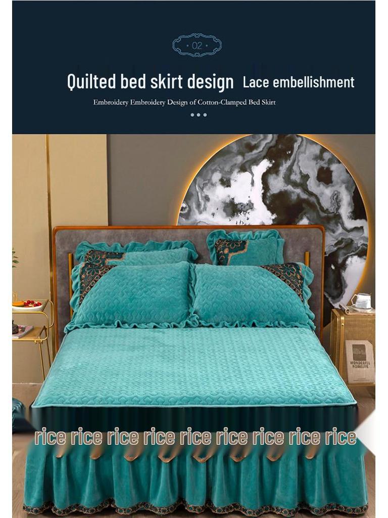 220g Quilted Bed Skirt Set: Warm Milk Velvet with Lace Embroidery (Four Pieces)