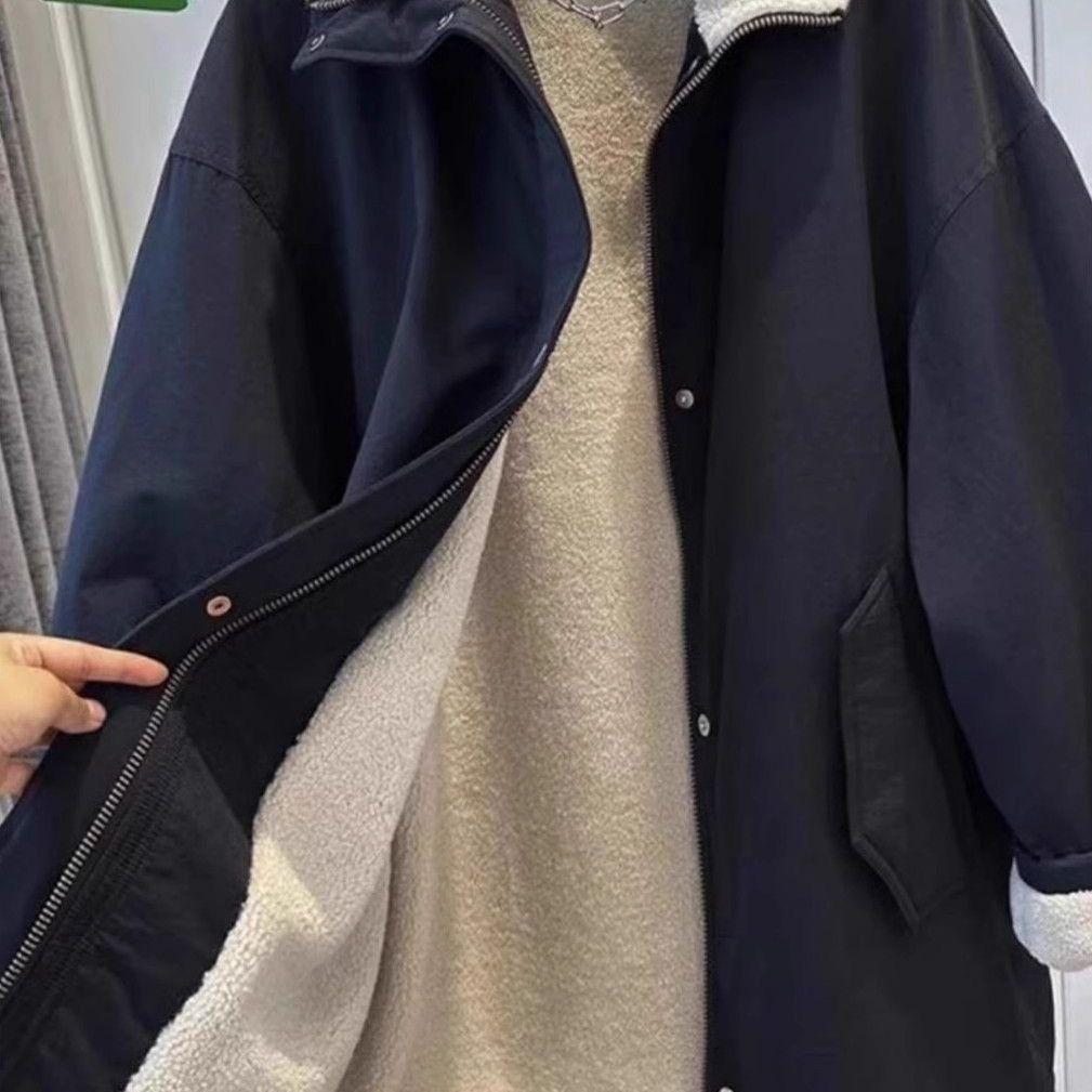 Lamb Wool Windbreaker Loose Super Fire Top Thickened Mid-length Parker Suit Women