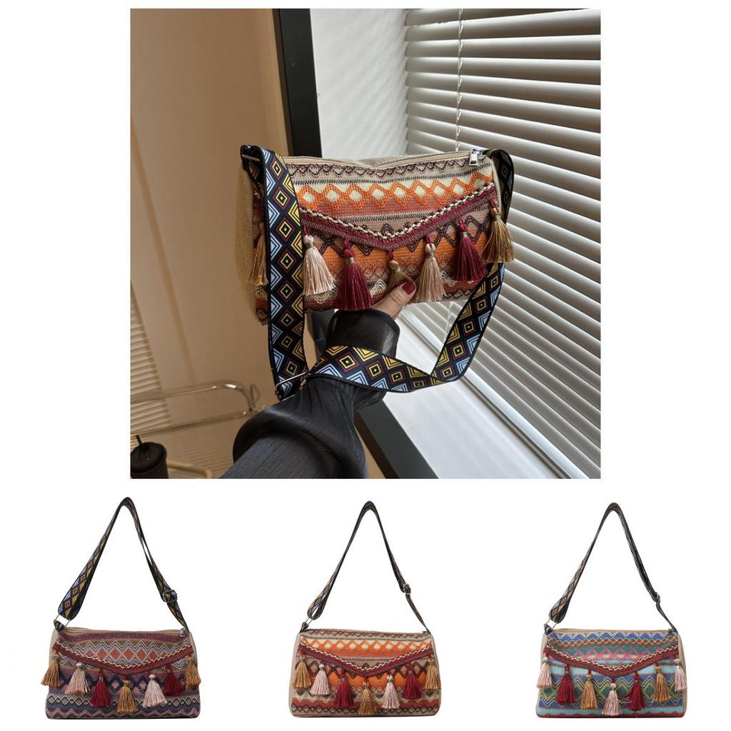 Ethnic Style Fringe Crossbody Bag With Wide Shoulder Strap For Daily Casual Use