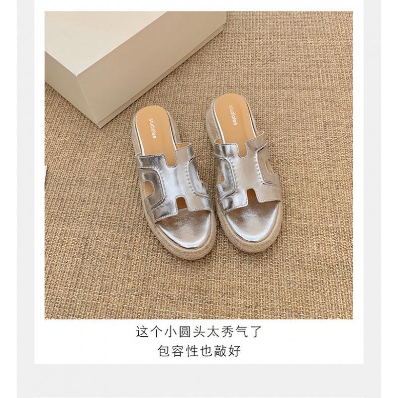 Rindslederversion Strohmuffin getragen erhöht 6cm Ruth Retro-Wort dicker Boden Keilabsatz H coole Slipper Damen Sommer