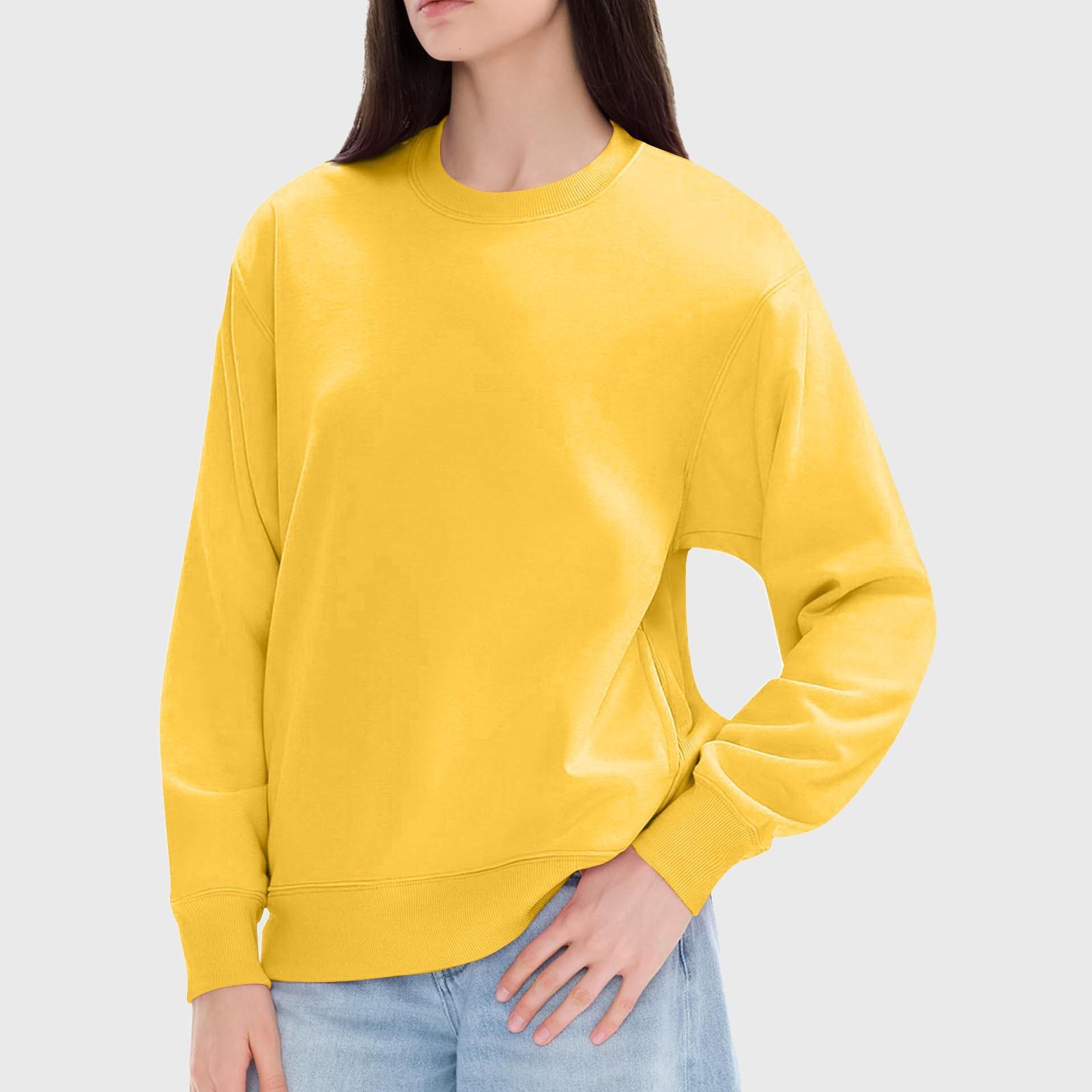 

Женские топы с круглым вырезом, хлопковая женская повседневная модная блузка с длинным рукавом и круглым вырезом с карманами, пуловер S жёлтый