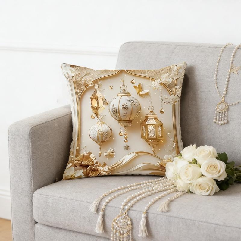 Soft Short Plush Cushion Cover Gold Moon Ethnic Festival Print 45x45cm Standard Size for Home Decoration