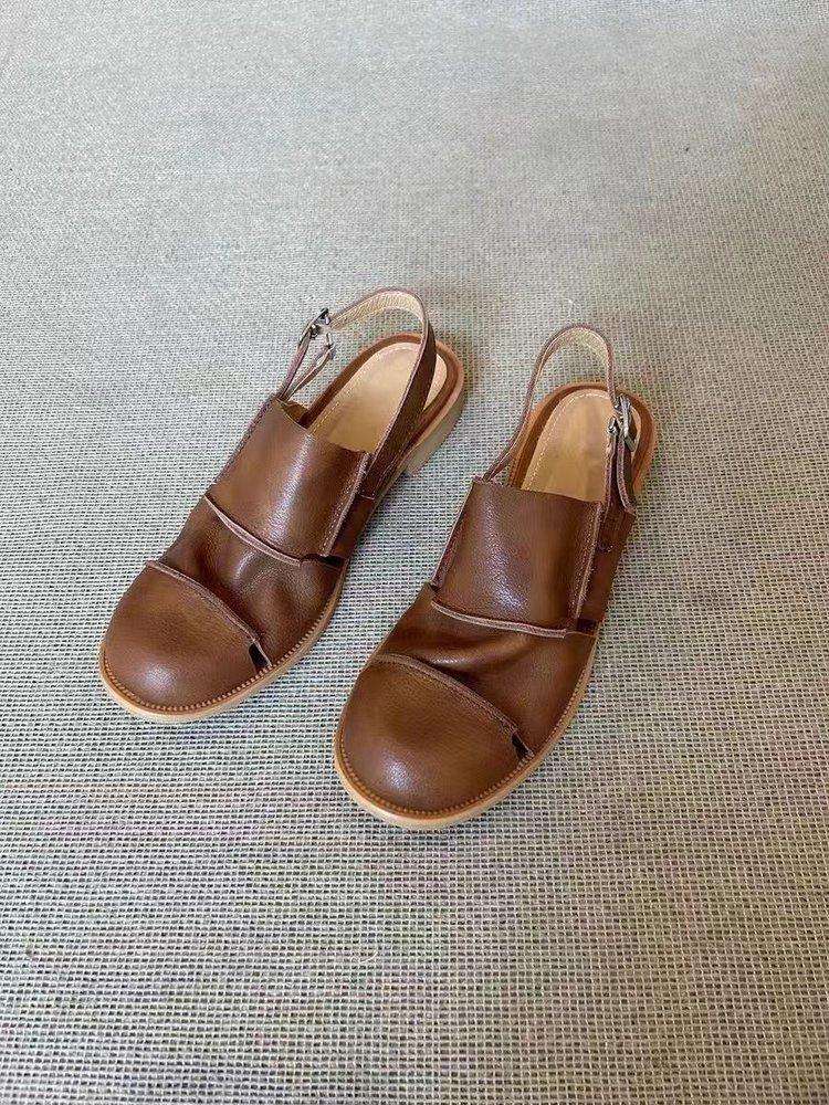 

[Youshilai] 2025 summer new round head hollow Roman sandals women s thick heel bag head cool slippers women 40