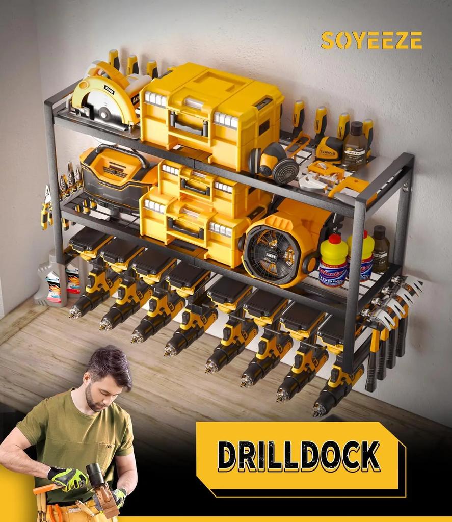 Power Tool Organizer & Storage Wall Mount - Heavy Duty Metal 8 Drill Holder, 3 Layer Premium Garage Utility Power Tool Rack
