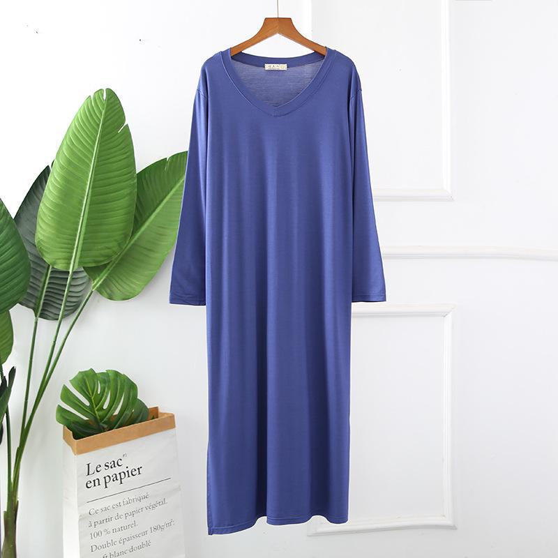 

Женская ночная рубашка из модала и хлопка с длинными рукавами и V-образным вырезом, свободного кроя, для весны и лета XL джинсовый синий