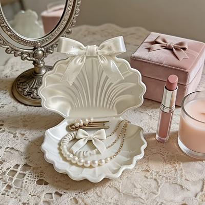 1Pc Cream-Style Shell Jewelry Storage Tray With Bow, Suitable For Dressing Table Decorations, Home Decor, Office Desk, Themed Parties, And Car