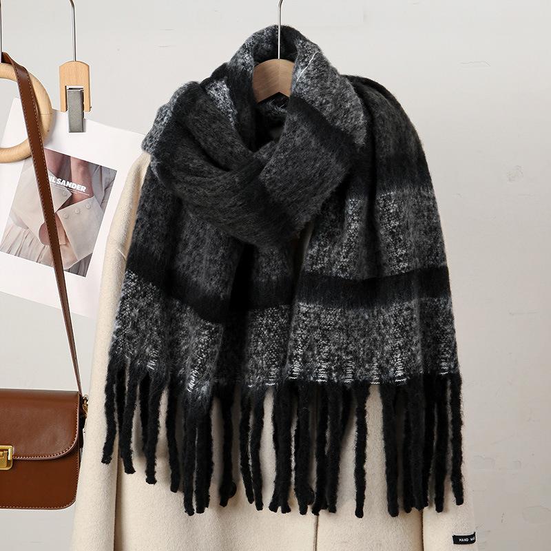 New Scarf Women Female Winter Mohair Warm Thickened Long Scarves Soft Patchwork Coarse Braid Tassel Shawl Viscose Wrap Shawls