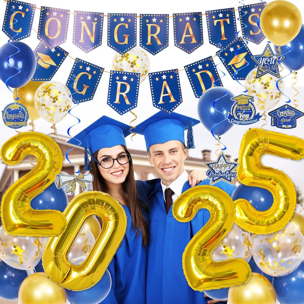 Graduation Decorations 2025, Blue and Gold Class of 2025 Decorations with Congrats Grad Banner and Hanging Swirls, 2025 Foil Number Balloons for