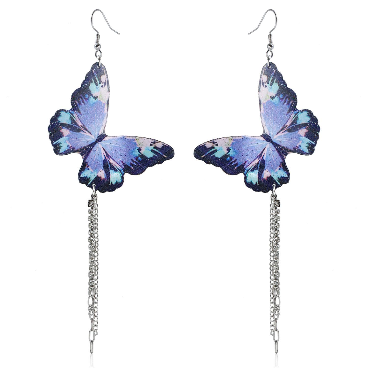 Purple long simple earrings, atmospheric exaggerated butterfly fringed earrings, earrings.