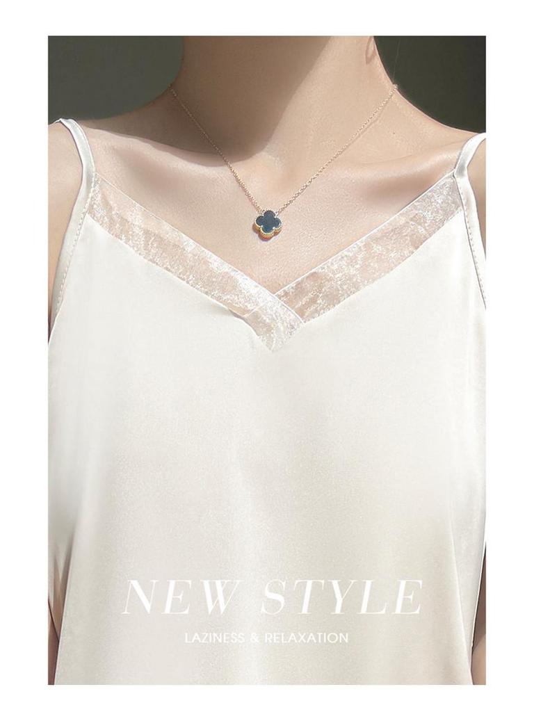 Silk Satin Women's Sleeveless V-Neck Mesh Spliced Camisole Vest - 2026 Spring/Summer Collection