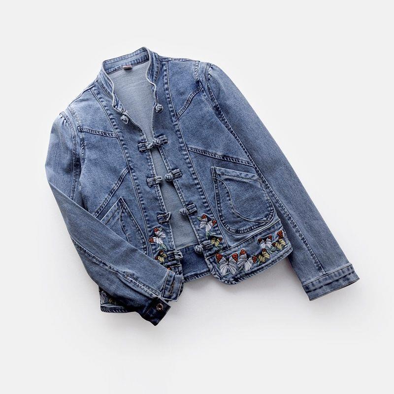 Women Retro Denim Jacket Elegant Chinese Style Denim Coat with Embroidery for Women Slim Fit Long Sleeve Jacket with Turn-down