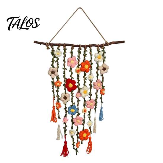 Handmade Crochet Flower Bohemian Hanging Tapestry, Tassels Decor Farmhouse Wall with Wooden Stick, Living Room Bedroom Art Decoration Cotton