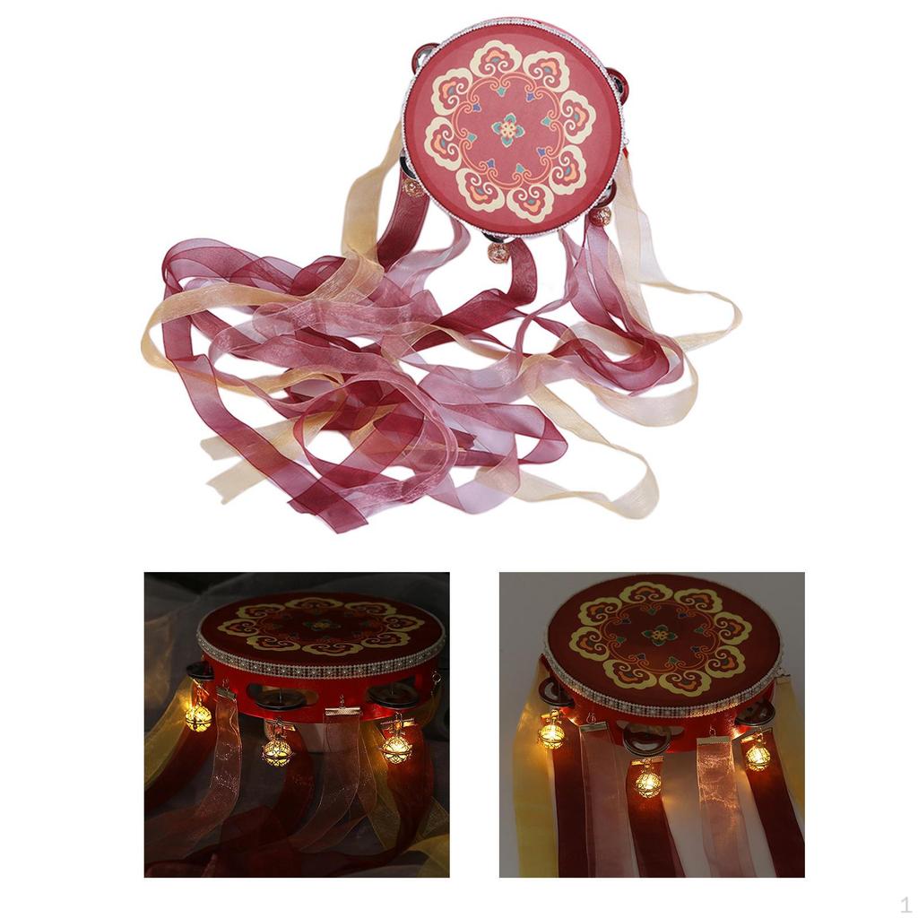 Chinese Decorative Tambourine Hand Drum 7.28inch Vintage with Ribbon Lightweight Musical Instrument