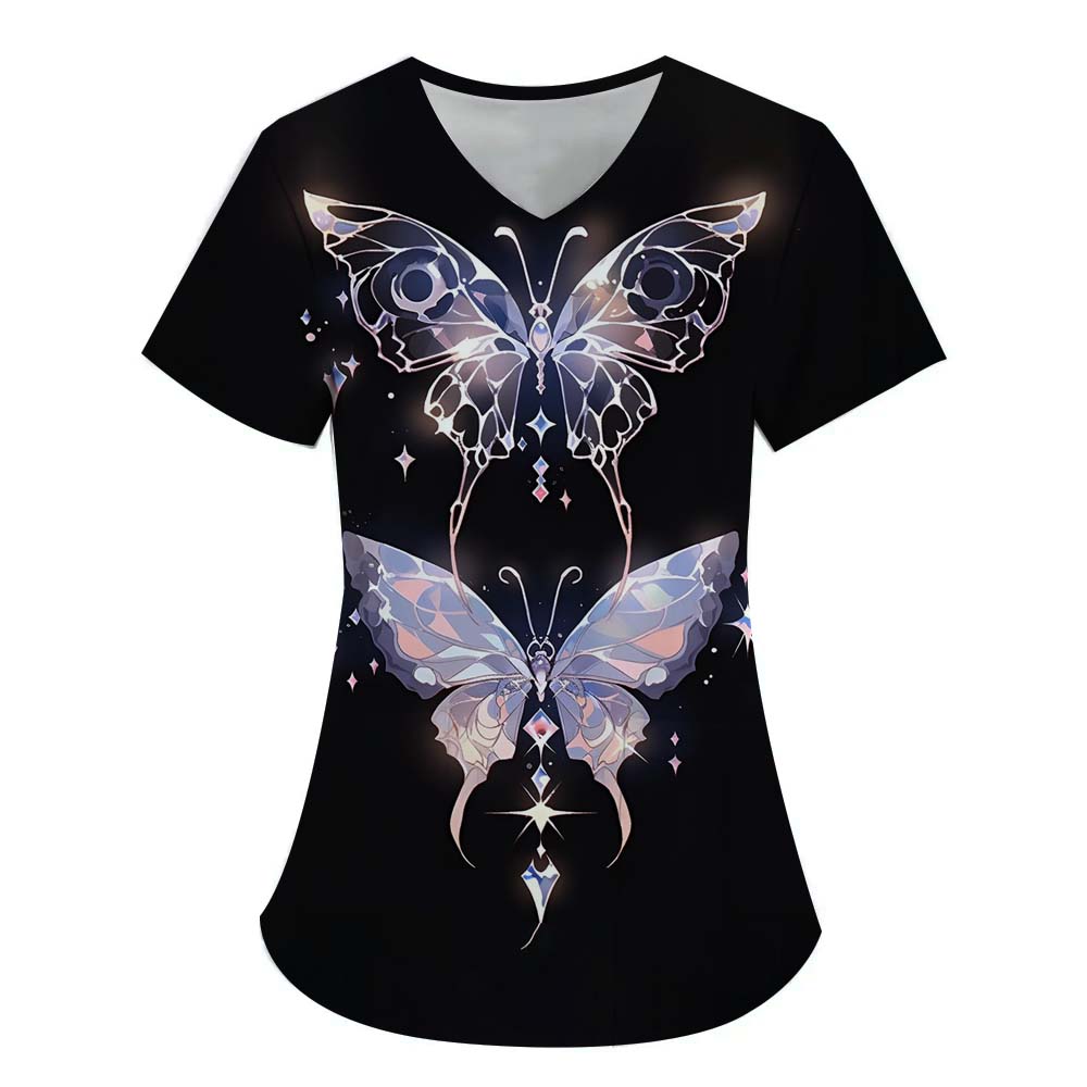 Chirurgický úbor dámský s potiskem 3D motýlů, výstřih do V, ošetřovatelská kapsa, veterinářské pracovní oblečení, lékařská ošetřovatelská uniforma pro ženy