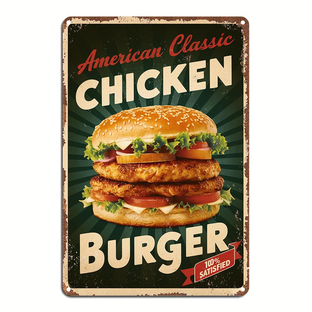 

1pc American Classic Chicken Burger Vintage Metal Tin Sign, Aluminum Wall Art Decor for Garden, Bedroom, Garage, Christmas Decor 20x30cm（7.8x11.8inch）