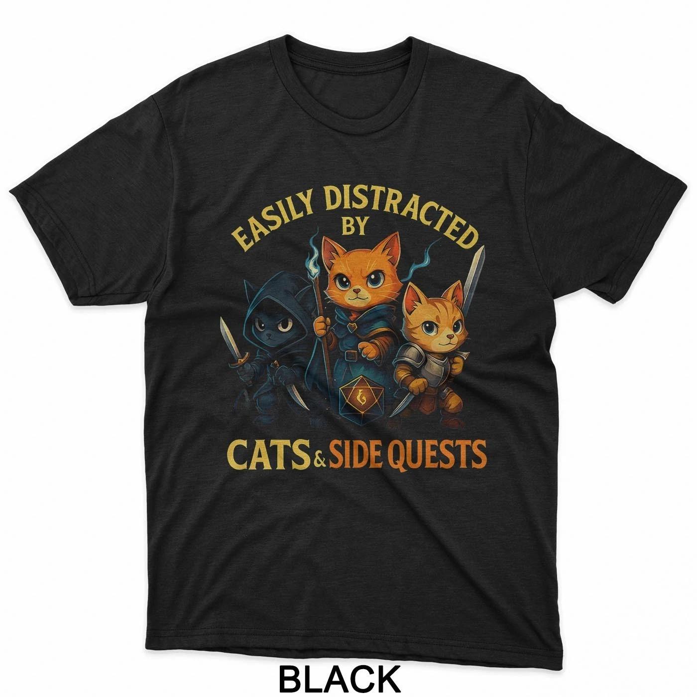 Easily Distracted By Cats And Side Quests Rpg Gamer T-Shirt XL