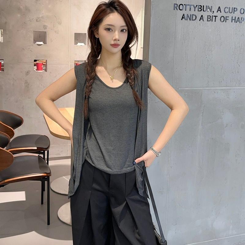 M to 6XL Plu size Women's Faux 2 Piece Tank Top with Cardigan Layered Look Open Front Sleeveless Vest Summer Modal Slim Fit Streetwear Camisole