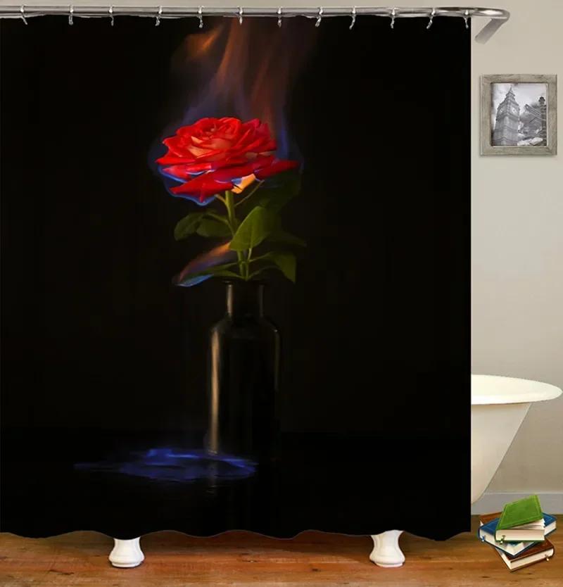 Czerwona róża Motyl Kwiaty Zasłona prysznicowa 3D Łazienka Zasłona Tkanina Wodoodporny Poliester Zmywalny Zestaw Zasłon Ekranowych do Kąpieli