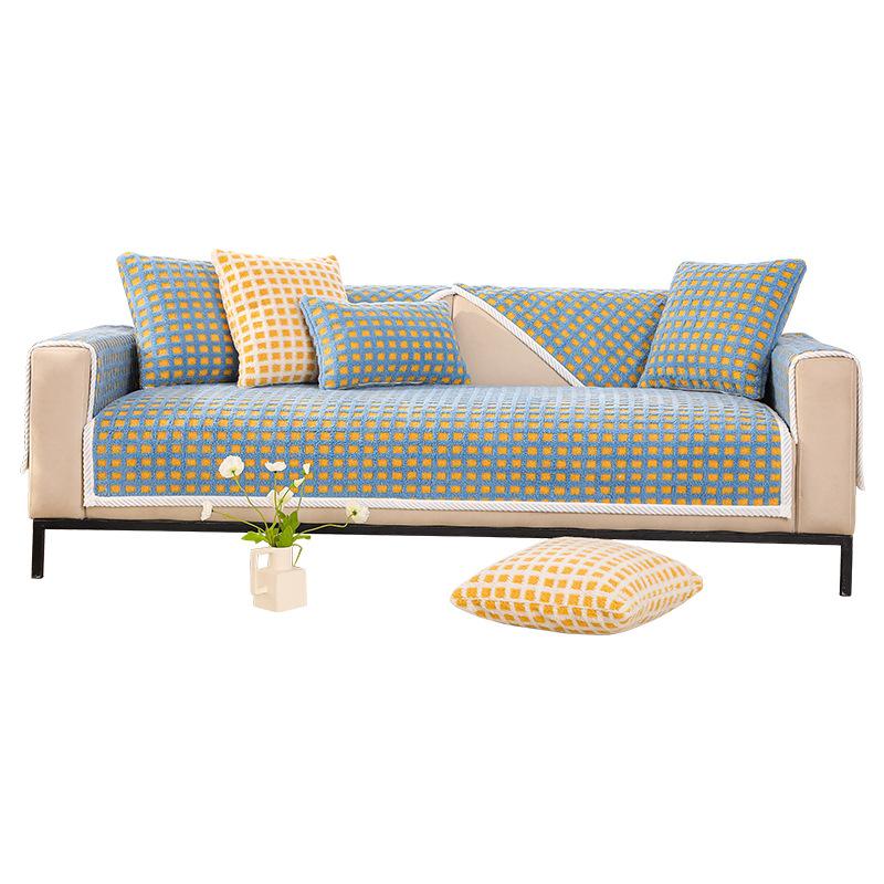 Short Plush Lattice Style Sofa Towel Thicken Quilted Sofa Cover Slip Resistant Couch Cover 1/2/3-seater Sofas for Living Room